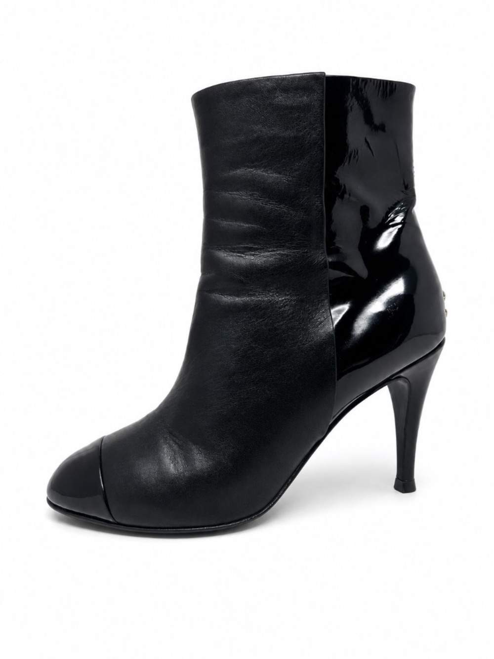 Authentic Chanel Black Leather Patent Ankle Boots Almond Toe Slim Heel Size 38